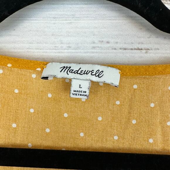 Womens MADEWELL Yellow Gold White Polka Dot Ruffle Cap Sleeve Tie Peplum Top L - Picture 5 of 7